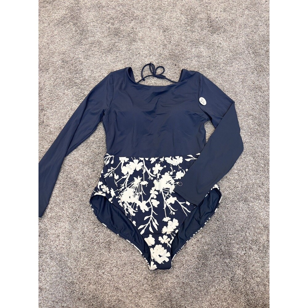 NWOT CALIA Women's One Piece Tie Back Long Sleeve Blue Gray Swimsuit size 10